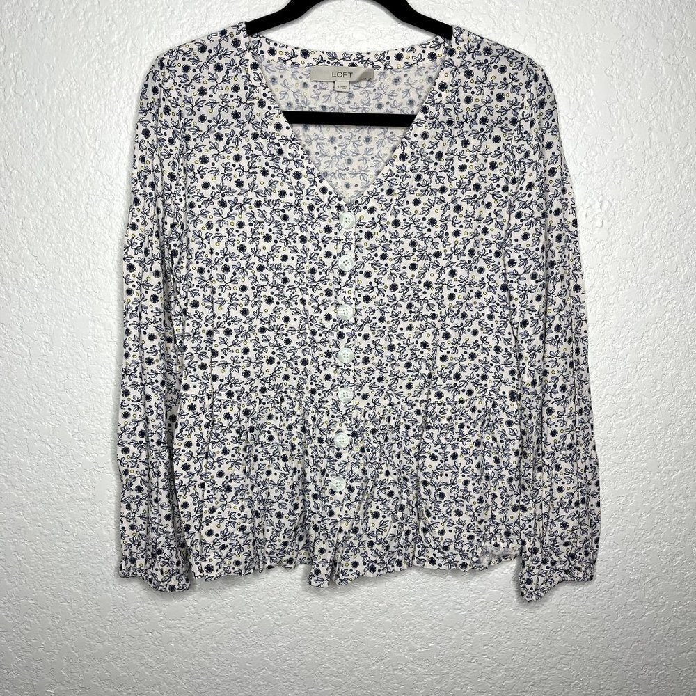 Loft White and Navy Floral Womens Blouse Size S‎
